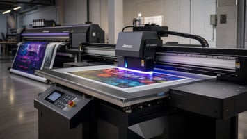 Plotter de impresion industrial UV-LED en un taller gráfico operando sobre un sustrato rígido, con una impresora eco-solvente al fondo.