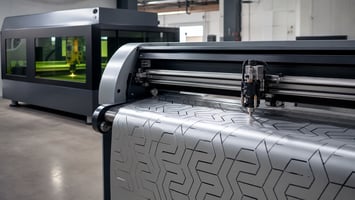 Plotter de corte profesional con sistema tangencial realizando acabados sobre vinil industrial al lado de una maquina de corte laser.
