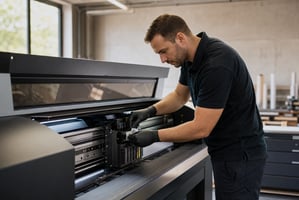 Técnico certificado realizando mantenimiento preventivo y limpieza de cabezal a un plotter de impresión industrial de gran formato.