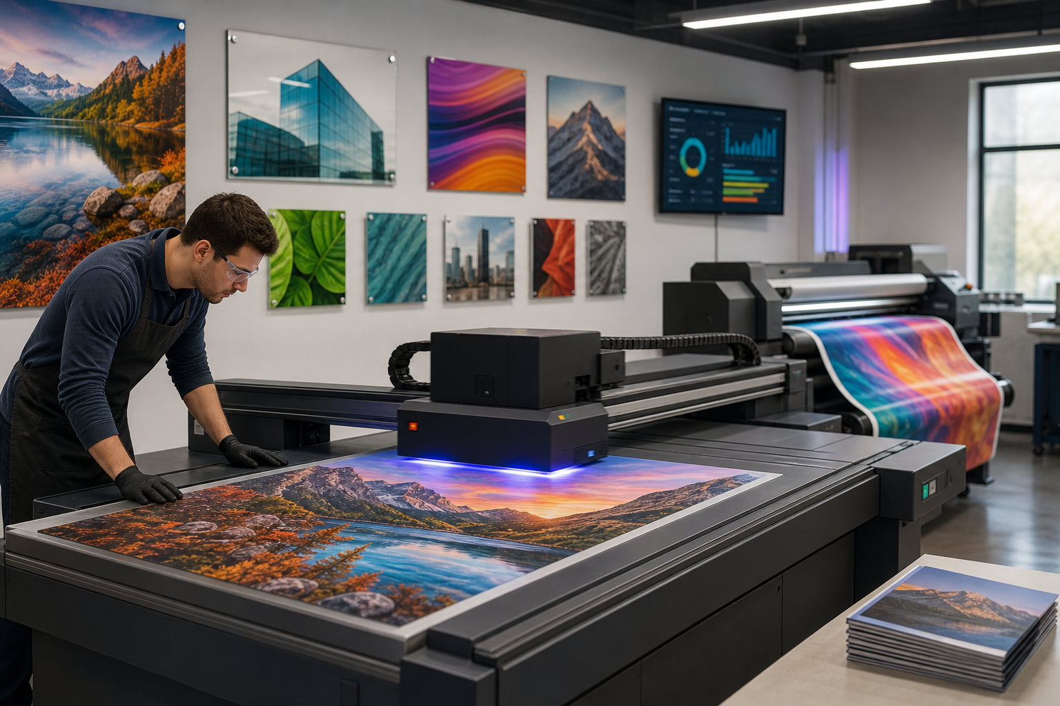 Impresora de gran formato UV de cama plana y de rollo en un taller de impresión