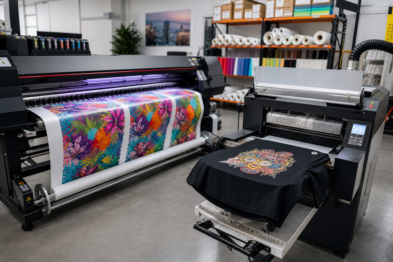 Equipos de sublimación industrial e impresoras DTF realizando pruebas de estampado textil sobre prendas de algodón y poliéster.