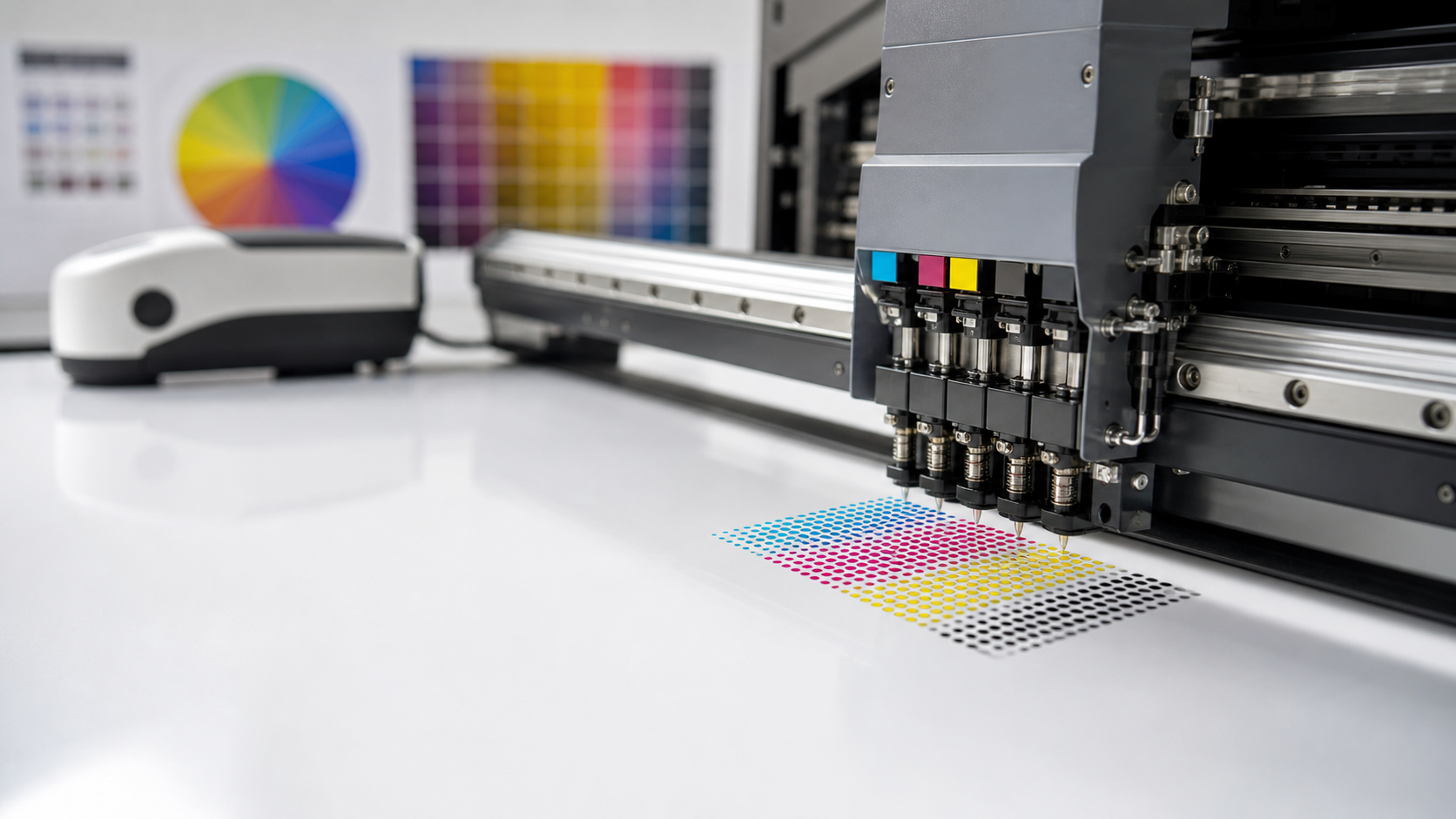 A professional macro photo representing digital printing technology and color management. In the sharp foreground, a wide-format industrial printer carriage with its printhead is depositing clean cyan, magenta, yellow, and black ink dots onto a bright white vinyl substrate. In the background, a color spectrophotometer and color charts (ICC profiles) are subtly visible under neutral laboratory lighting. Clean, modern, high-tech engineering aesthetic, sharp focus, photorealistic style, 8k resolution. --ar 16:9