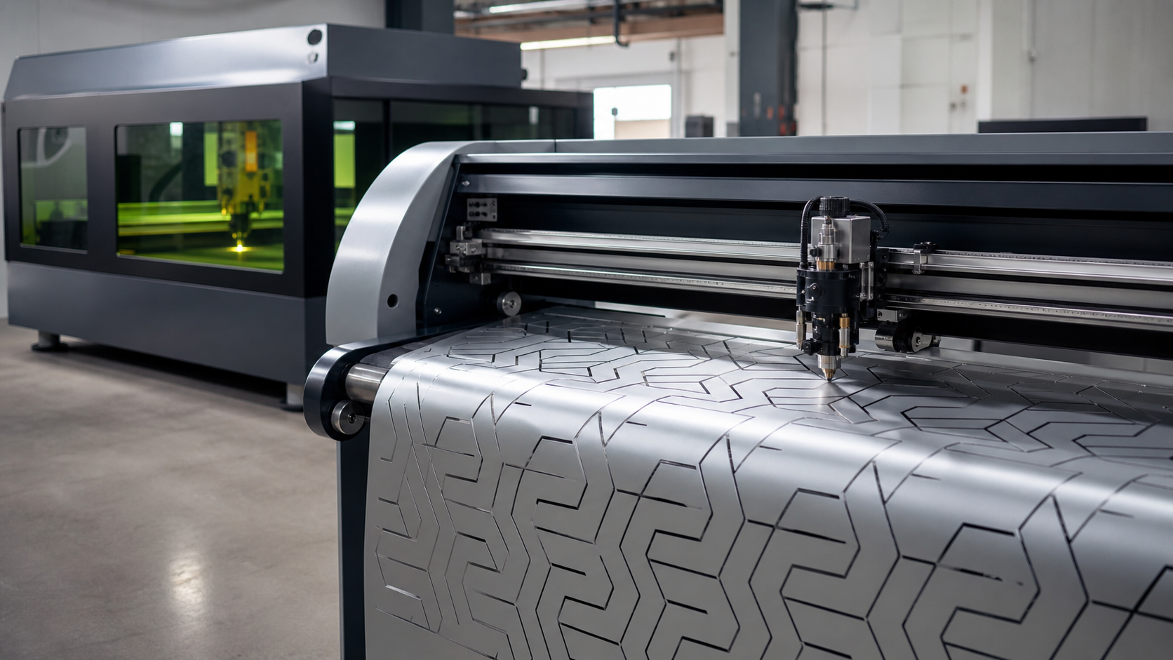 Plotter de corte profesional con sistema tangencial realizando acabados sobre vinil industrial al lado de una maquina de corte laser.