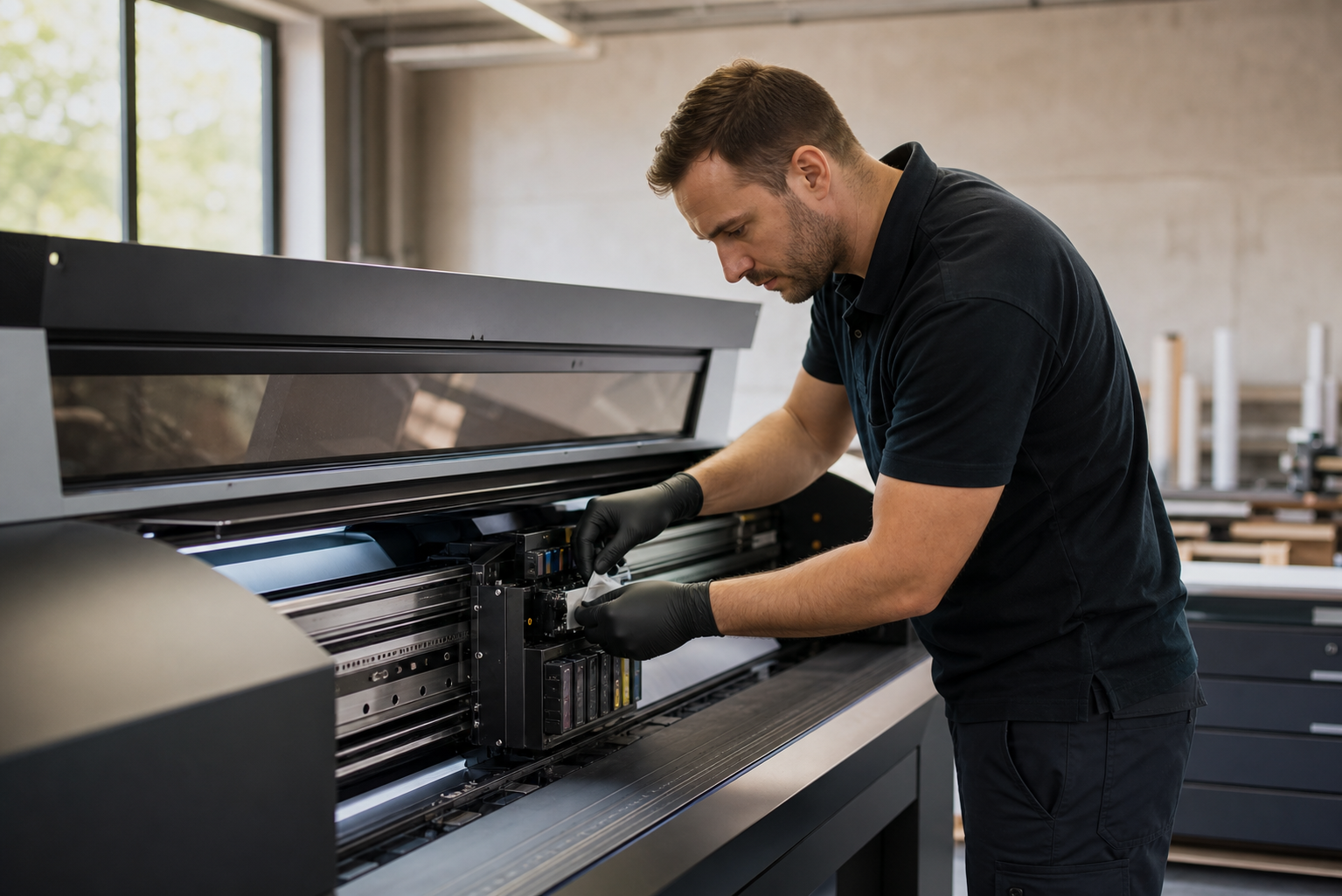 Técnico certificado realizando mantenimiento preventivo y limpieza de cabezal a un plotter de impresión industrial de gran formato.