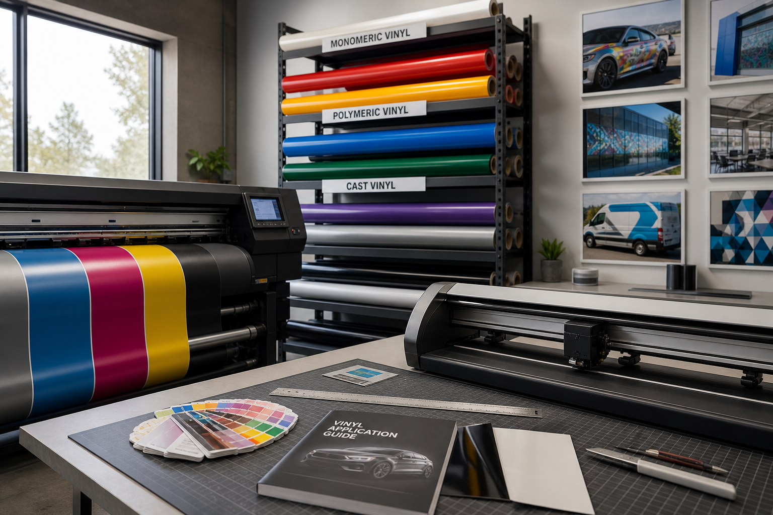 Operador configurando un rollo de vinil adhesivo en una impresora de gran formato profesional en un taller gráfico